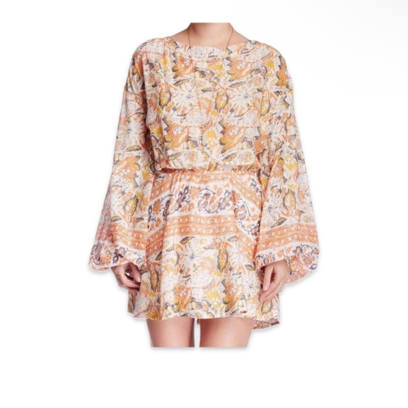 Free People Silver Sun‎ Cutout Print Dress size large orange ivory boho EUC - Picture 3 of 16